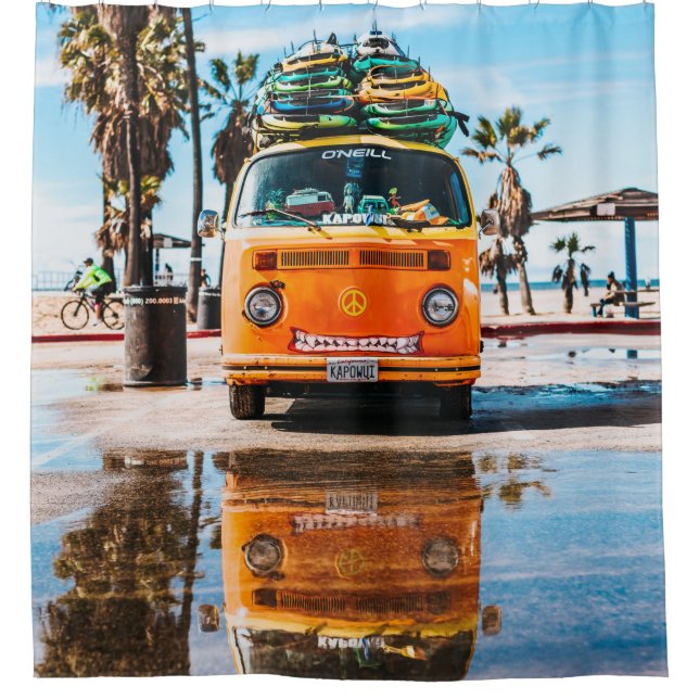 Orange van with surfboard on top shower curtain (Front)