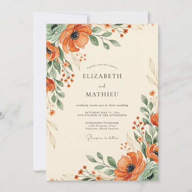 Orange Verdant Bloom Wedding Invitation (Front)