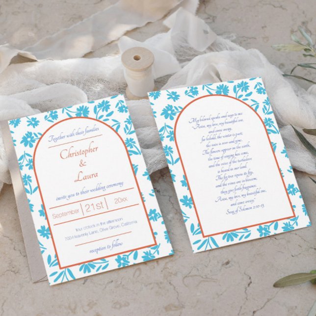 Orange Verona Sunset Blue Flowers Wedding Invitation (Creator Uploaded)