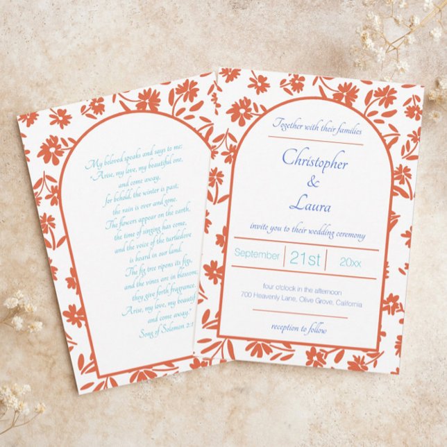 Orange Verona Sunset Flowers Wedding Invitation (Creator Uploaded)