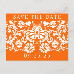 Orange Victorian Floral Damask Save the Date  Announcement Postcard