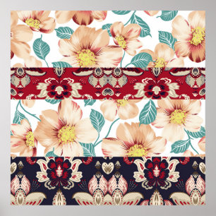 Orange vintage flowers with seamless paisley borde poster