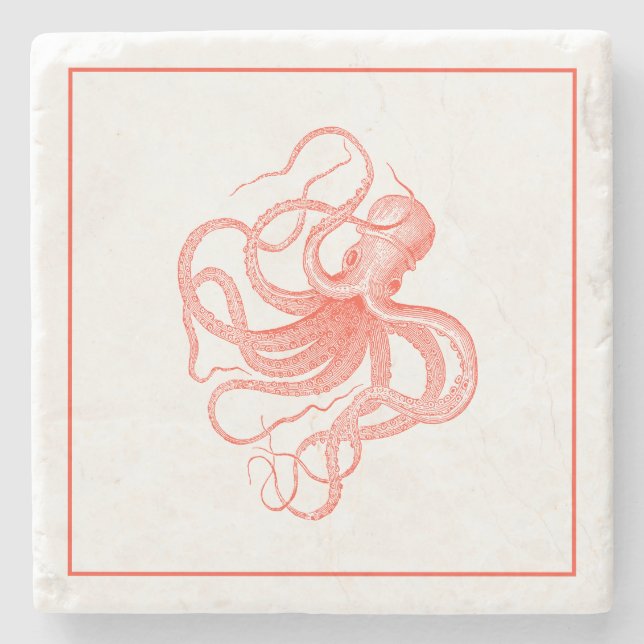 Orange Vintage Octopus Illustration Stone Coaster (Front)