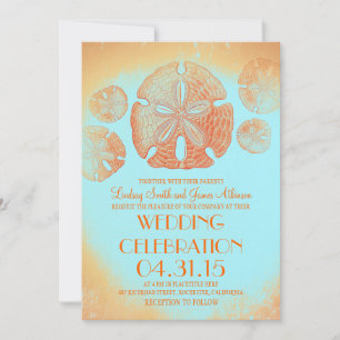 Orange vintage sand dollars beach wedding invites