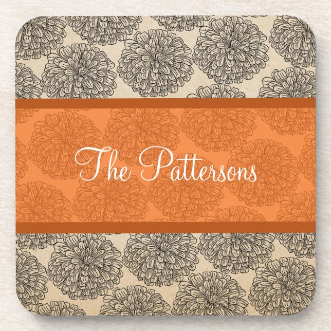 Orange Vintage Zinnia Coaster Set (Front)