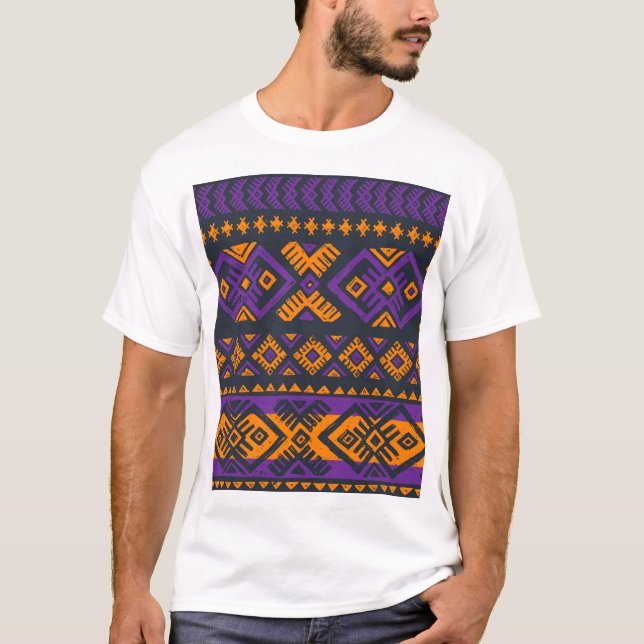 Orange, violet tribal geometric seamless pattern. T-Shirt (Front)