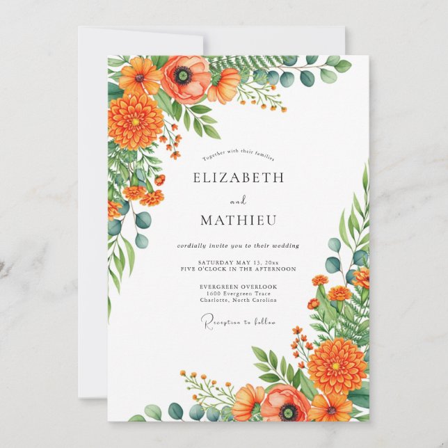 Orange Vivid Floral Romance Wedding Invitation (Front)