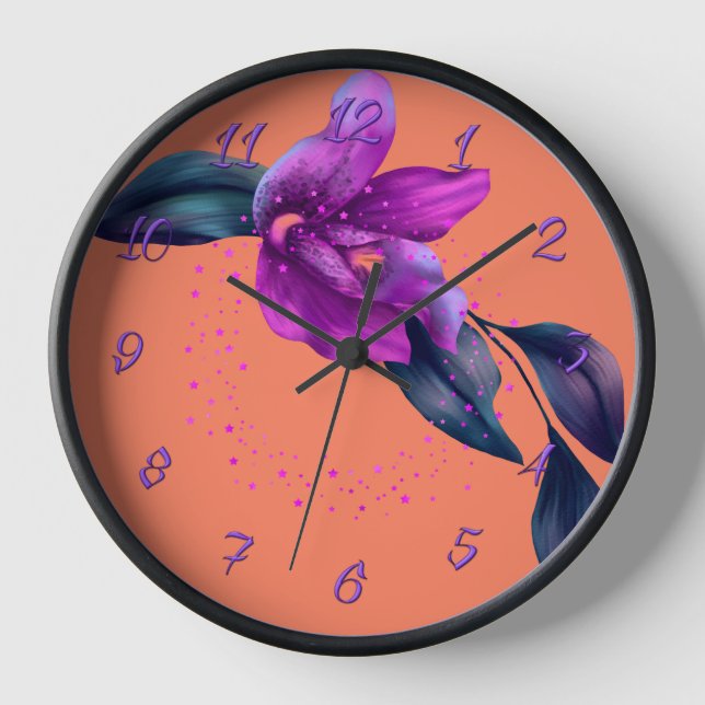 Orange Wall Clock with Purple Orchid (Front)