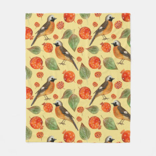 Orange Watercolor Birds and pomegranate Pattern Fleece Blanket