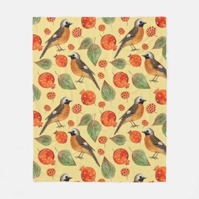 Orange Watercolor Birds and pomegranate Pattern  Fleece Blanket (Front)