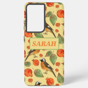Orange Watercolor Birds and pomegranate Pattern  Samsung Galaxy Case