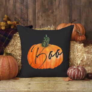 Orange Watercolor Boo Pumpkin Skull Halloween Cushion