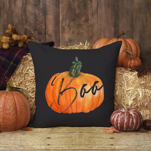 Orange Watercolor Boo Pumpkin Skull Halloween Cushion (Creator Uploaded)