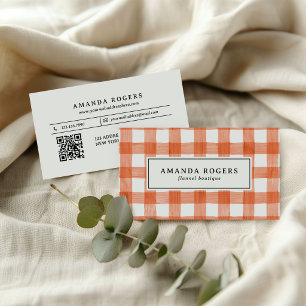 ORANGE Watercolor Buffalo Plaid QR CODE FLANNEL Business Card