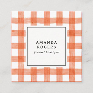 Orange Watercolor Buffalo Plaid QR CODE modern Square Business Card