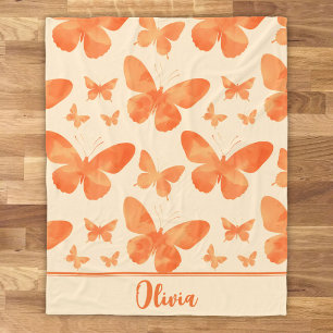Orange Watercolor Butterflies  Fleece Blanket