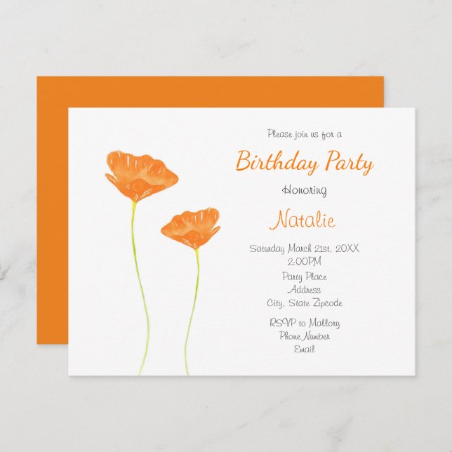 Orange Watercolor California Poppies Invitation (Front/Back)