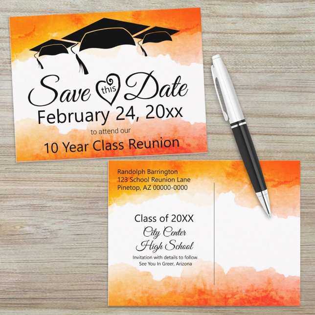 Orange Watercolor Class Reunion Save The Date Postcard (Creator Uploaded)