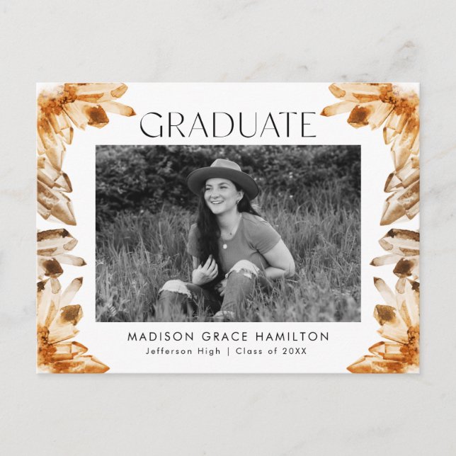 Orange Watercolor Crystal Photo Graduation Party Invitation Postcard (Front)