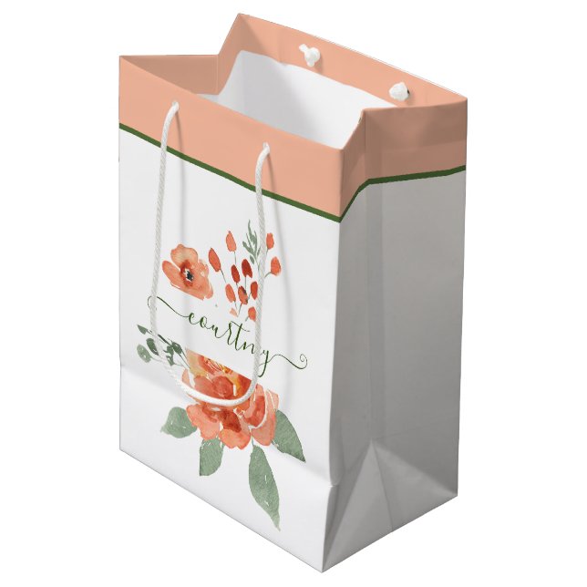 Orange watercolor floral personalised   medium gift bag (Front Angled)