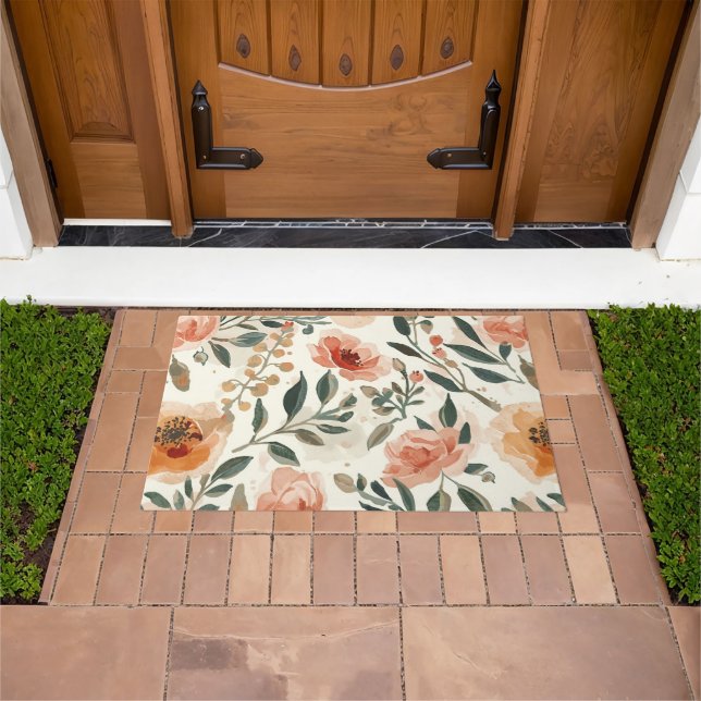 Orange Watercolor Flowers Botanical Painting Doormat (Outdoor)
