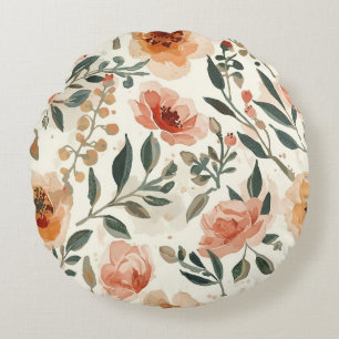 Orange Watercolor Flowers Botanical Painting Round Cushion