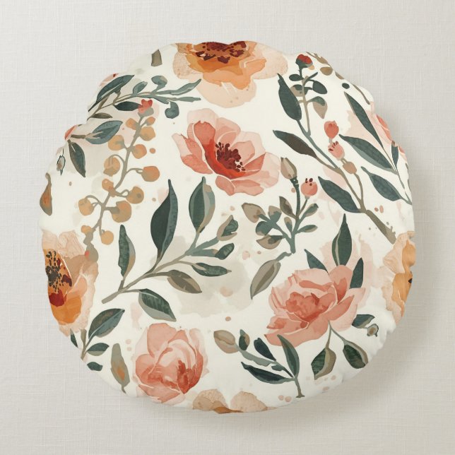 Orange Watercolor Flowers Botanical Painting Round Cushion (Front)