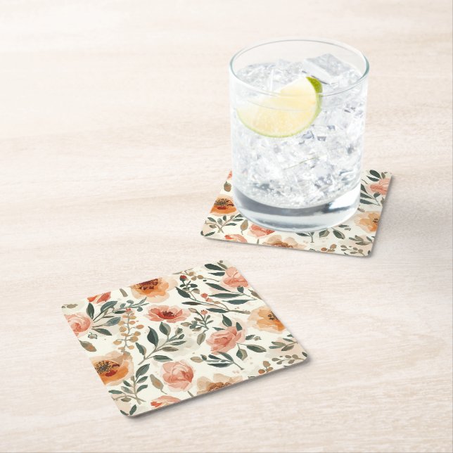 Orange Watercolor Flowers Botanical Painting Square Paper Coaster (Insitu)