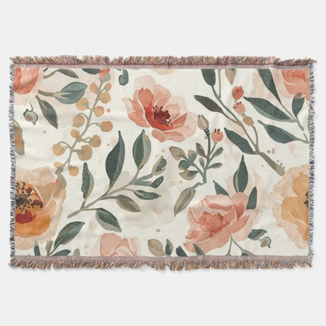 Orange Watercolor Flowers Botanical Painting Throw Blanket (Front)