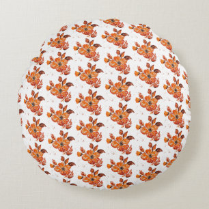 Orange Watercolor Flowers I Round Cushion