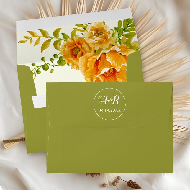 Orange watercolor flowers olive green wedding envelope (Creator Uploaded)