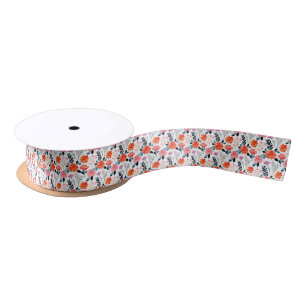Orange Watercolor flowers Satin Ribbon