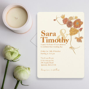 Orange Watercolor flowers wedding invitations