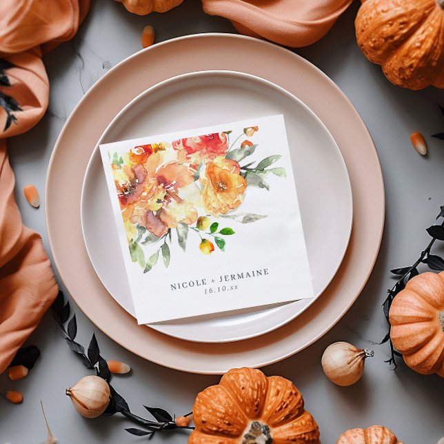 Orange Watercolor Flowers Wedding Napkin (Creator Uploaded)