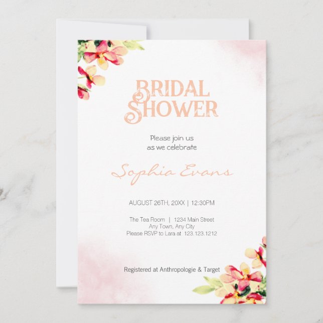 Orange Watercolor Flowers White Bridal Shower Invitation (Front)