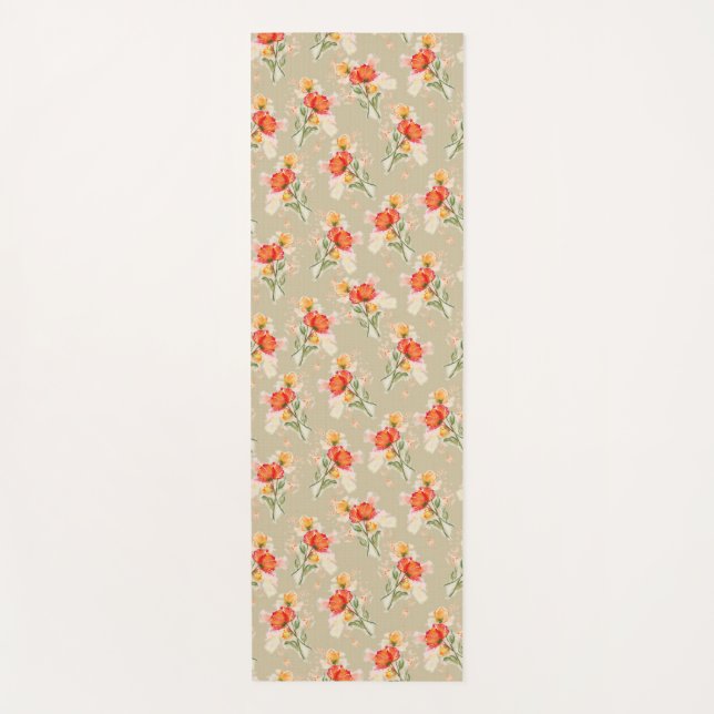 Orange Watercolor Flowers Yoga Mat (Front)