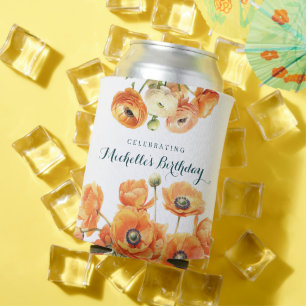 Orange Watercolor Garden Floral White Birthday Can Cooler