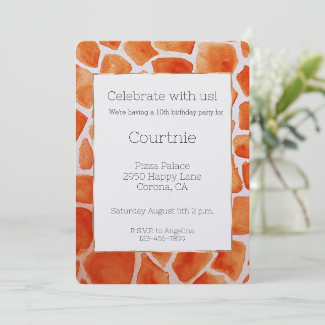 Orange Watercolor Giraffe Print Birthday Invitation (Standing Front)