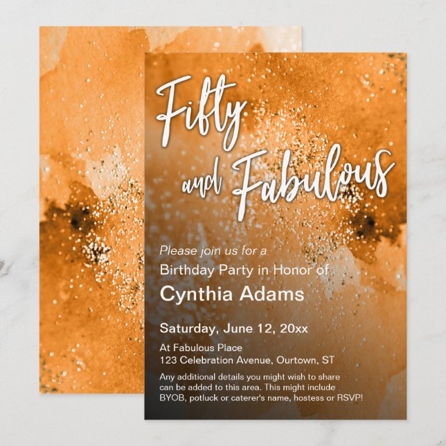 Orange Watercolor Glitter Fifty and Fabulous Invitation (Front/Back)