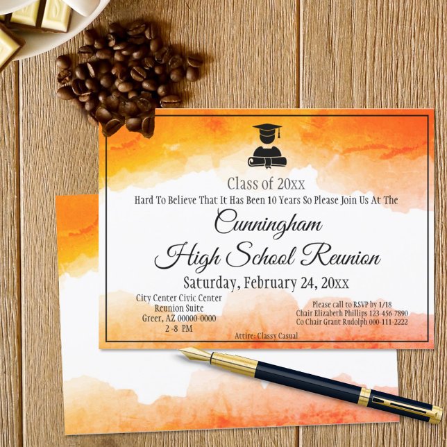 Orange Watercolor High School Class Reunion Invitation (Creator Uploaded)