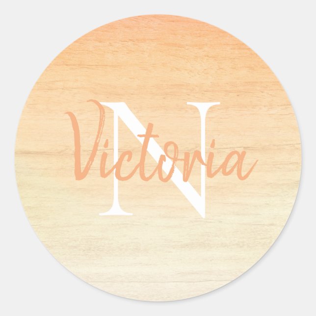 Orange Watercolor Monogram Name Script  Classic Round Sticker (Front)