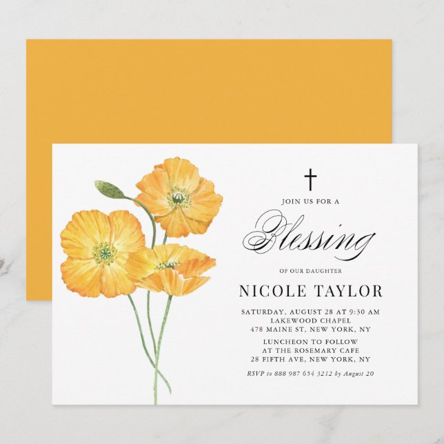 Orange Watercolor Poppies Floral Baby Blessing Invitation (Front/Back)