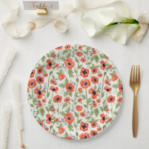 Orange Watercolor Poppies Floral Pattern Paper Plate