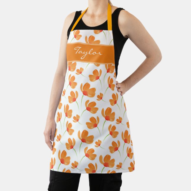 Orange Watercolor Poppies Pattern Apron (Insitu)