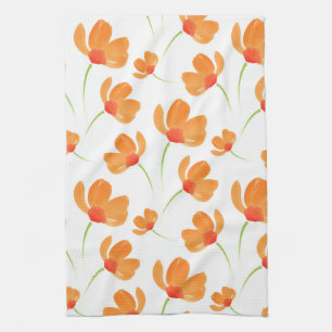 Orange Watercolor Poppies Pattern Tea Towel