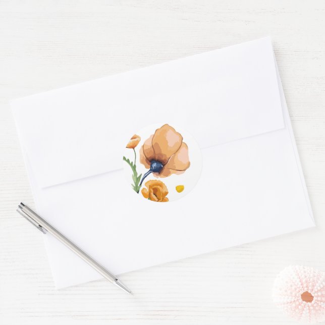 Orange watercolor poppy  classic round sticker (Envelope)