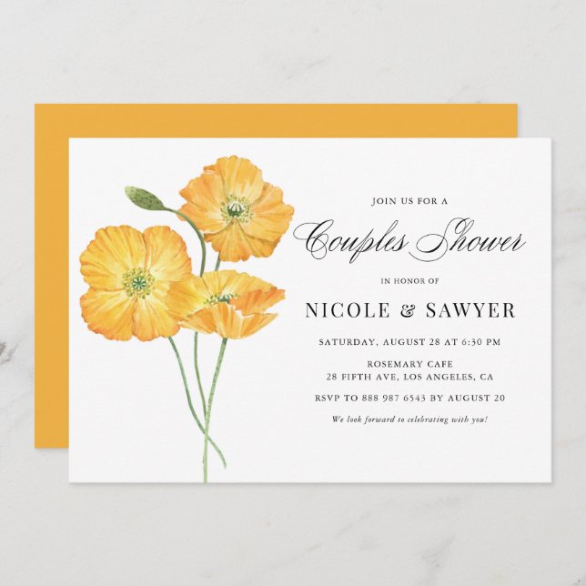 Orange Watercolor Poppy Flowers Couples Shower Invitation (Front/Back)