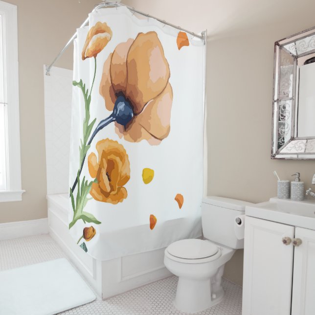 Orange watercolor poppy  shower curtain (In Situ)