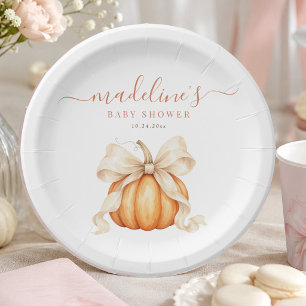 Orange Watercolor Pumpkin Bow Neutral Baby Shower Paper Plate