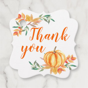 Orange Watercolor Pumpkin Fall Leaves Thank You Favour Tags